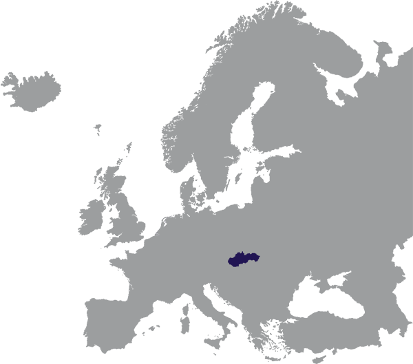 Slowakije aangegeven in donkerblauw op grijze kaart van Europa - op transparante achtergrond - 600 x 529 pixels